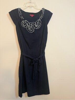 Merona Navy Cap-Sleeve Midi Dress with Contrast Trim and Self Tie
